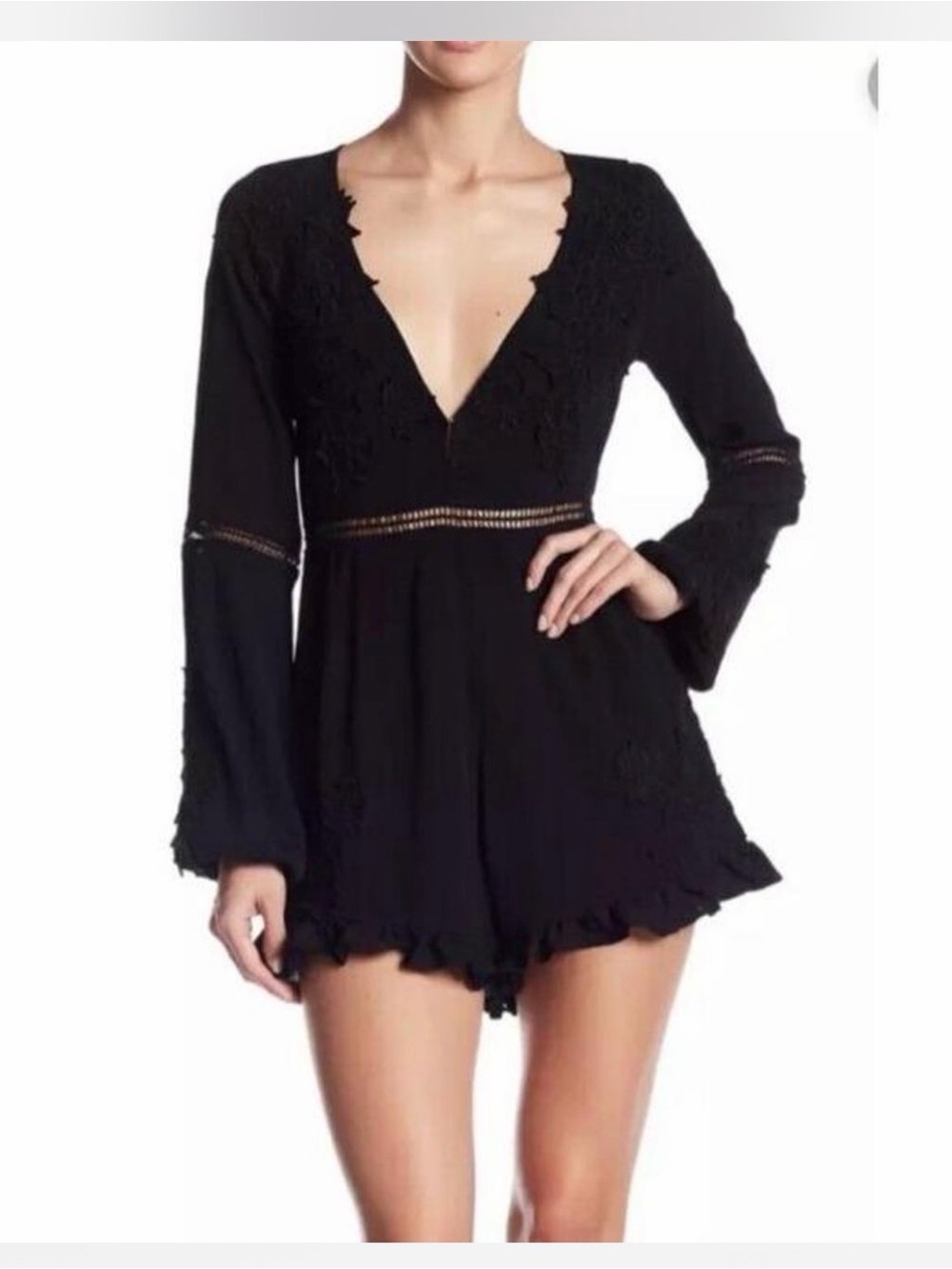 For Love & Lemons Black Long-Sleeve Lace Trim Plunge Romper